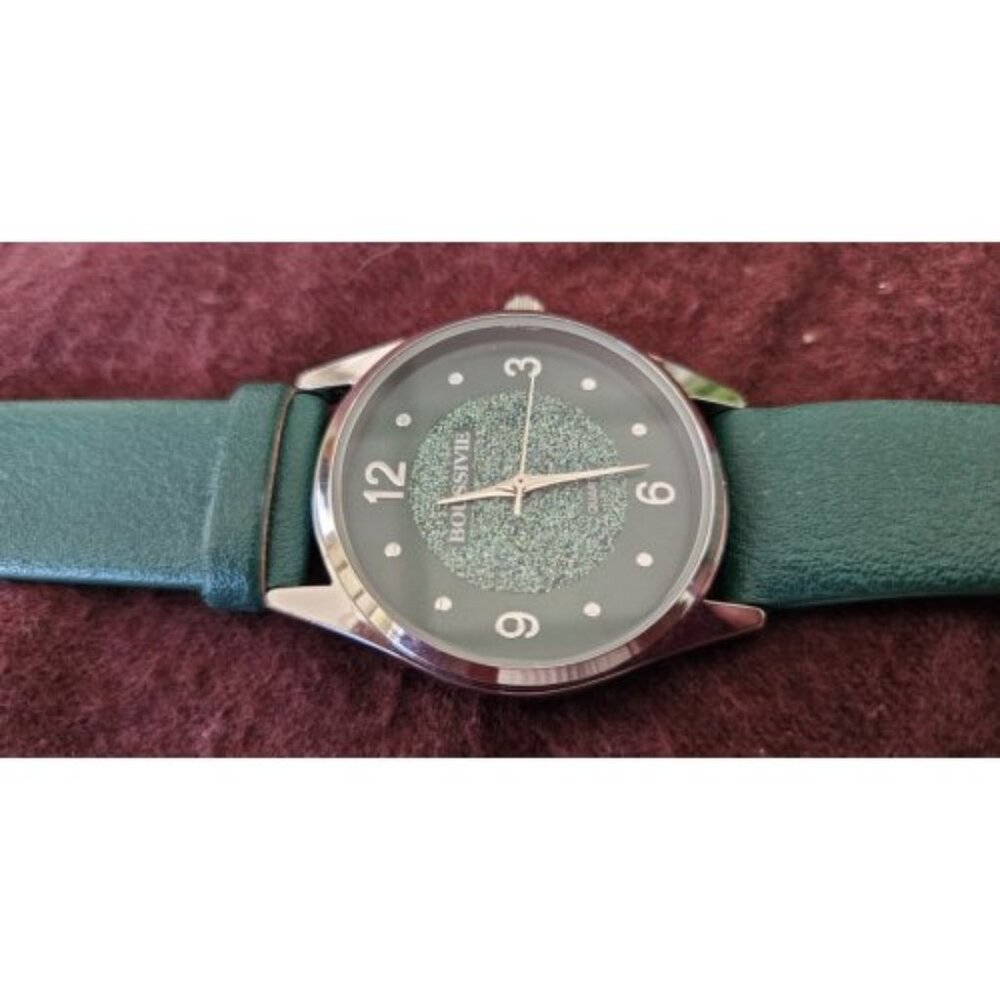 BOUSSIVIE Sparkly Green Silvertone Face Vinyl Band Ladies Quartz Watch